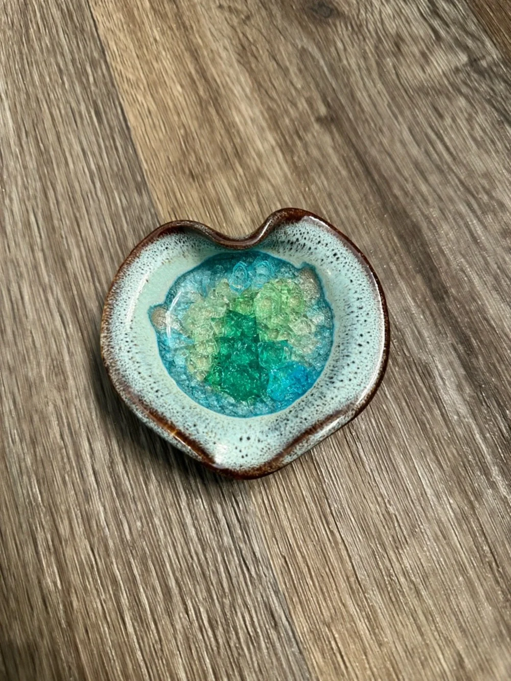 Down To Earth Pottery Handmade Ceramic Heart Dish with Blue and Green Glaze - Picture 3 of 4